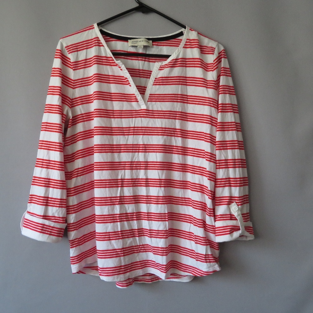 JONES NEW YORK SPORT V NECK STRIPED BLOUSE TOP